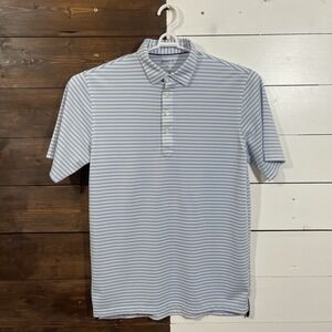 johnnie-O Polo Shirt Mens‎ Medium White Blue Striped Performance Stretch Golf